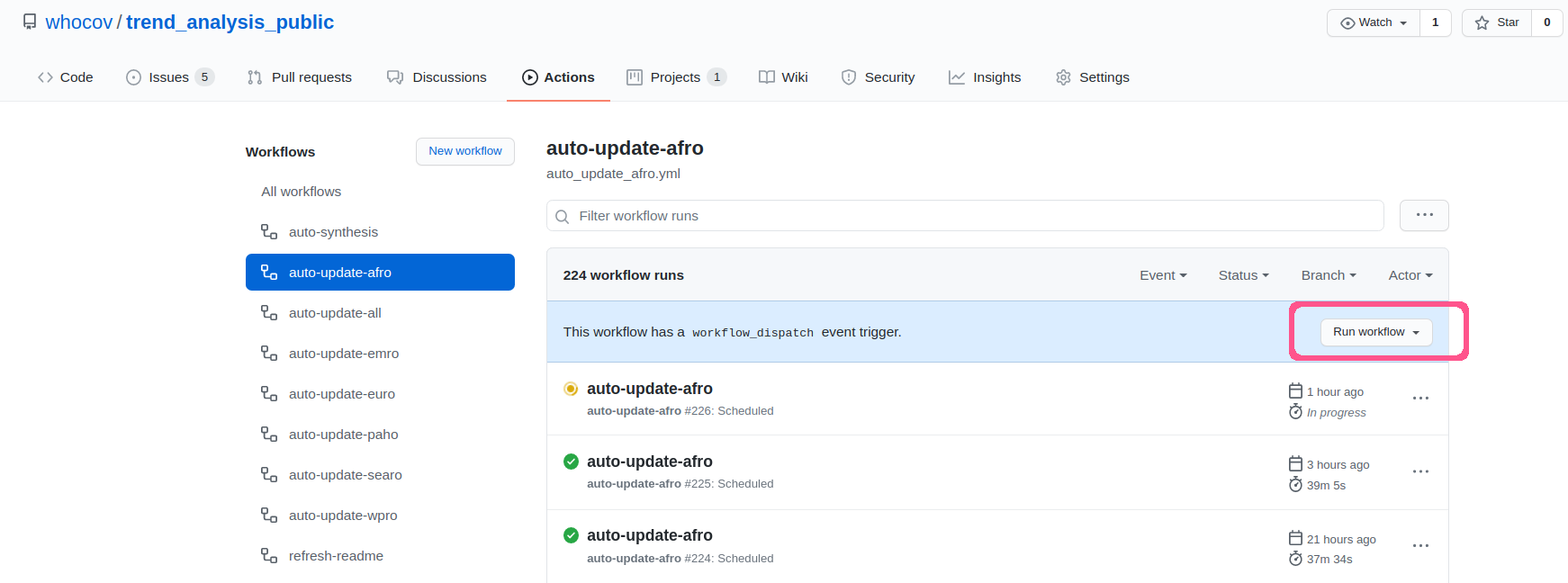 Manual trigger of actions from the github action page.
