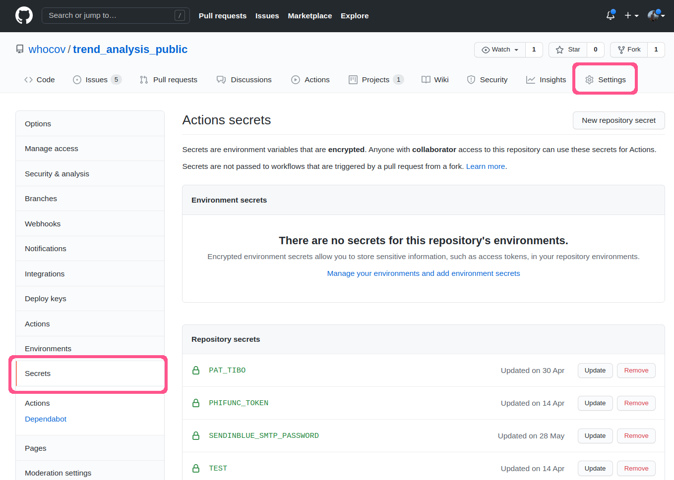 Github secret page. This screenshot shows the location of github secrets on the infrastructure's page, underthe *Settings* tab. New secrets can be added there, and old secrets can be modified, but not visualised.