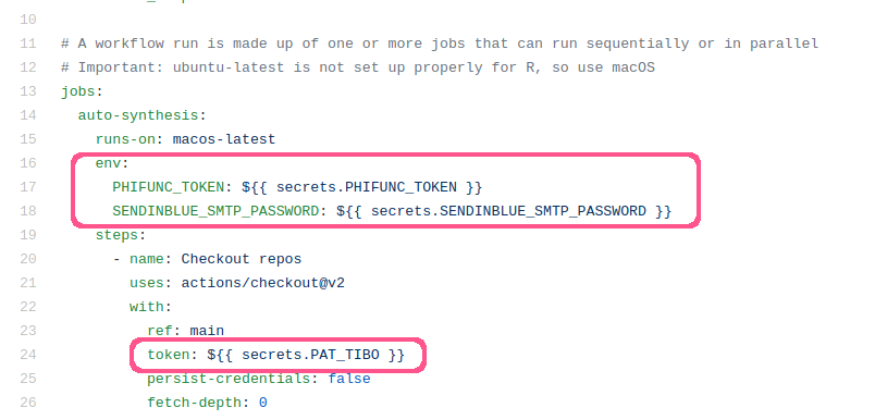Sample of the *auto-synthesis* github action using github secrets. This screenshot was taken from the github action configation file *.github/workflows/auto_synthesis.yml*. Secrets are outlined in red. The first two (*PHIFUNC_TOKEN* and *SENDINBLUE_SMTP_PASSWORD*) are set up as environment variables, while the last one (*PAT_TIBO*) is passed directly as an input to the *checkout* action.